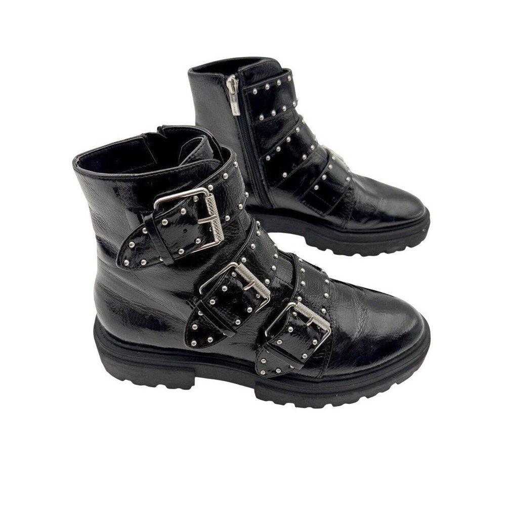Steven NY Steve Madden Womens 8.5β Black Studded Buckle Alaine Moto Combat Boots